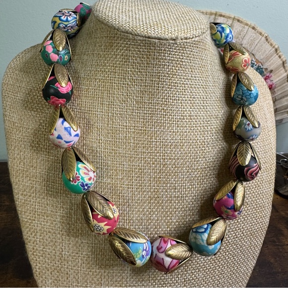 Lenora Dame Tulip Necklace Pastel Floral Millefiori Polymer Beads Glam 20 Inch - Picture 4 of 9